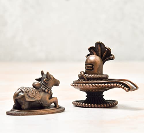 2.1 inches, Copper Shivalinga with Nandi Set , 190 Grams Set , Patina Antique Finish , Pack of 1 Pair