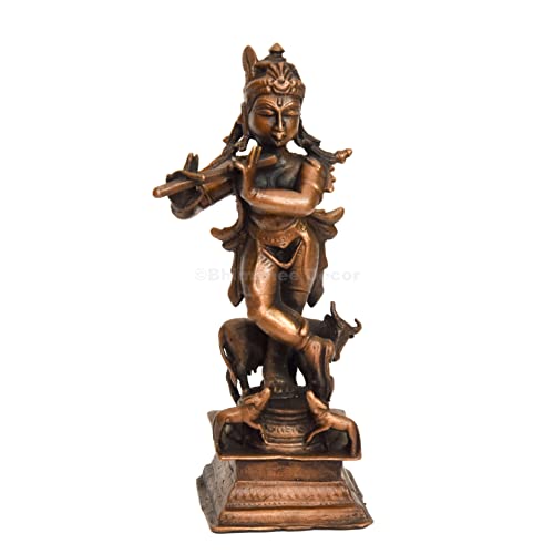 Handmade Copper Cow Krishna Idol 4 inches , Patina Antique Finish , 1 Piece