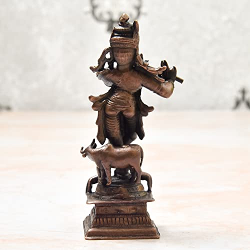 4 inches, Handmade Copper Cow Krishna Idol, 210 Grams , Patina Antique Finish , Pack of 1 Piece