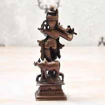 4 inches, Handmade Copper Cow Krishna Idol, 210 Grams , Patina Antique Finish , Pack of 1 Piece