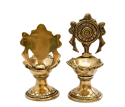 Pure Brass Shanku Chakra Long Table Diya, 6 inches Big Size, Brass, Pack of 1 Pair