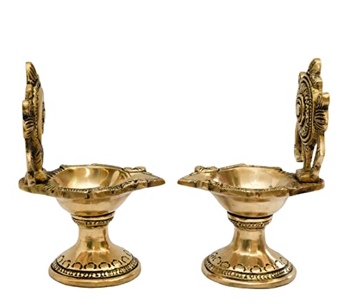 Pure Brass Shanku Chakra Long Table Diya, 6 inches Big Size, Brass, Pack of 1 Pair