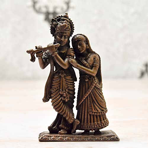 3.5 inches, Handmade Copper Radha Krishna Idol, 240 Grams , Patina Antique Finish , Pack of 1 Piece