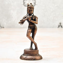 Copper Krishna Idol, 170 Grams , 4.1 inches, Patina Antique Finish