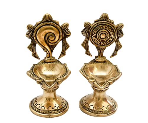 Pure Brass Shanku Chakra Long Table Diya, 6 inches Big Size, Brass, Pack of 1 Pair