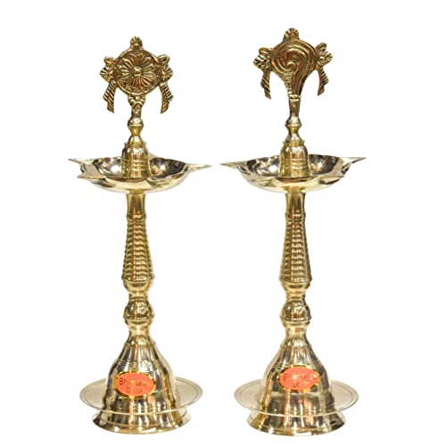 Pure Brass Shanku Chakra Kerla Fancy Diya, 11 inches, Brass Colour, Pack of 1 Pair