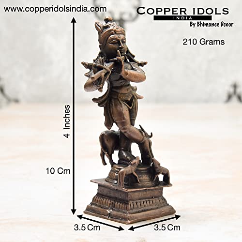 4 inches, Handmade Copper Cow Krishna Idol, 210 Grams , Patina Antique Finish , Pack of 1 Piece