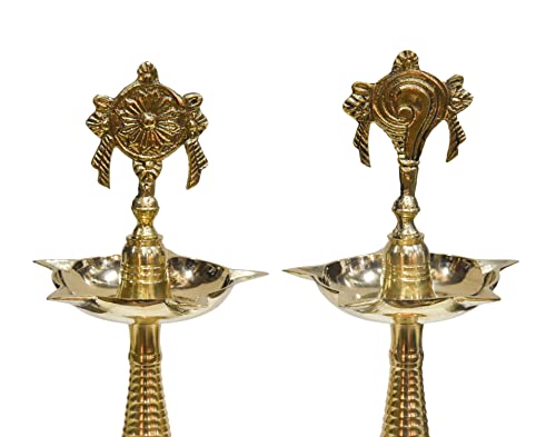 Pure Brass Shanku Chakra Kerla Fancy Diya, 11 inches, Brass Colour, Pack of 1 Pair