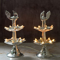 White Metal 7 inches Silver Colour 2 Step Electric Bulb Lights Diya | Deep | Deepak for Pooja | Puja | Mandir | Diwali Festival Decoration | Pair