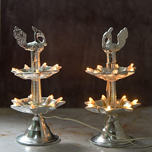 White Metal 7 inches Silver Colour 2 Step Electric Bulb Lights Diya | Deep | Deepak for Pooja | Puja | Mandir | Diwali Festival Decoration | Pair