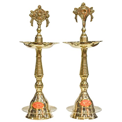 Pure Brass Shanku Chakra Kerla Fancy Diya, 11 inches, Brass Colour, Pack of 1 Pair