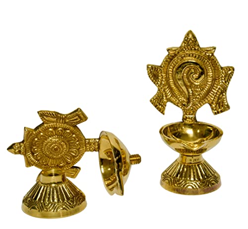 Pure Brass Shanku Chakra Diya, 4.3 inches, Gold Polish, Pack of 1 Pair