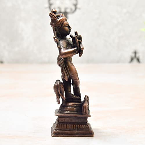 4 inches, Handmade Copper Cow Krishna Idol, 210 Grams , Patina Antique Finish , Pack of 1 Piece