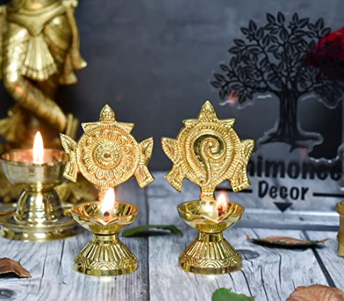 Pure Brass Shanku Chakra Diya, 4.3 inches, Gold Polish, Pack of 1 Pair