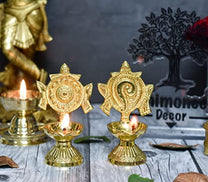 Pure Brass Shanku Chakra Diya, 4.3 inches, Gold Polish, Pack of 1 Pair