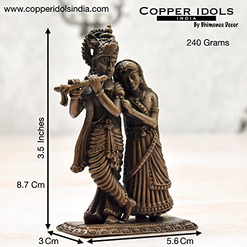 3.5 inches, Handmade Copper Radha Krishna Idol, 240 Grams , Patina Antique Finish , Pack of 1 Piece