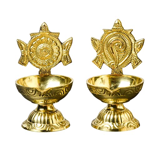Pure Brass Shanku Chakra Diya Big Size, 4.3 inches, Gold Polish, Pack of 1 Pair