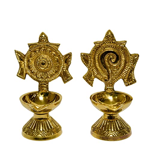 Pure Brass Shanku Chakra Diya, 4.3 inches, Gold Polish, Pack of 1 Pair
