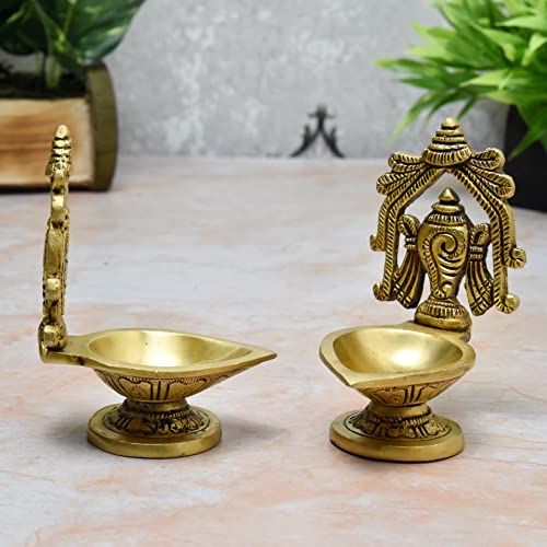 Pure Brass Shanku Chakra Antique Arch Design Diya, 4.5 inches, Brass Yellow Antique Finish, Pack of 1 Pair