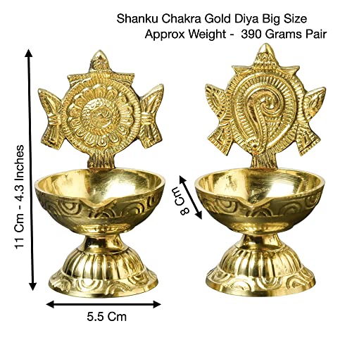 Pure Brass Shanku Chakra Diya Big Size, 4.3 inches, Gold Polish, Pack of 1 Pair