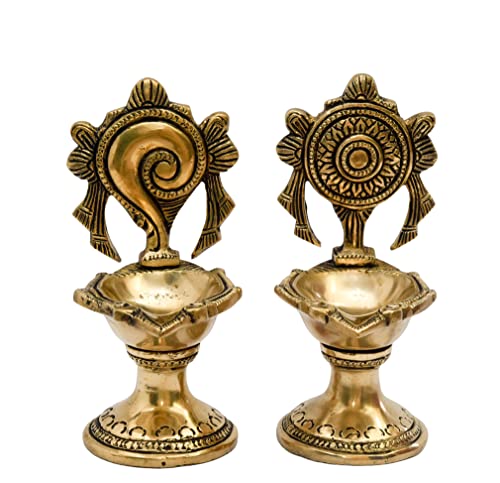 Pure Brass Shanku Chakra Long Table Diya, 6 inches Big Size, Brass, Pack of 1 Pair