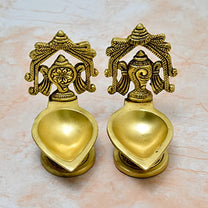 Pure Brass Shanku Chakra Antique Arch Design Diya, 4.5 inches, Brass Yellow Antique Finish, Pack of 1 Pair
