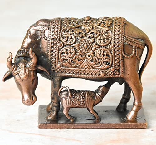 2 inches, Handmade Copper Cow and Calf | Kamadenu | Hasu Karu Idol, 360 Grams , Patina Antique Finish , Pack of 1 Piece
