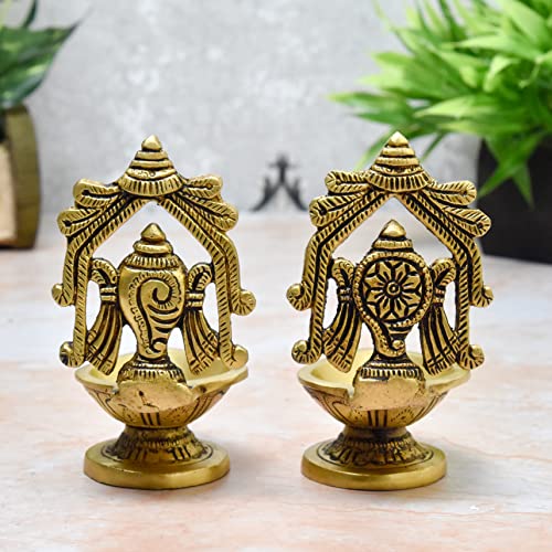 Pure Brass Shanku Chakra Antique Arch Design Diya, 4.5 inches, Brass Yellow Antique Finish, Pack of 1 Pair