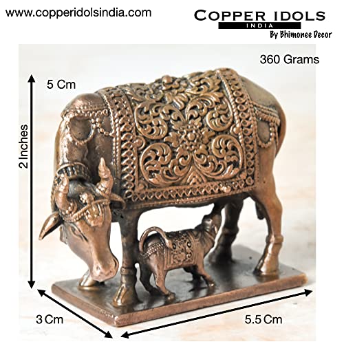 2 inches, Handmade Copper Cow and Calf | Kamadenu | Hasu Karu Idol, 360 Grams , Patina Antique Finish , Pack of 1 Piece