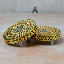 Wooden Golden Foil Meenakari 4.6 inches Round Chowki 