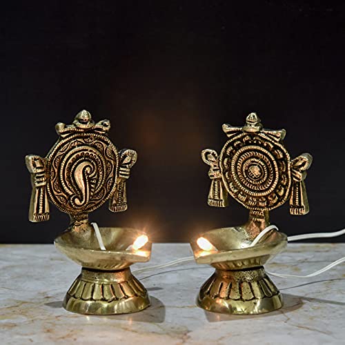 Bhimonee Decor by Modern Gift Centre Pure Brass Shanku Chakra Electric Bulb Lights Diya | Deep | Deepak for Pooja | Puja | Mandir | Diwali Festival Decoration | Pair