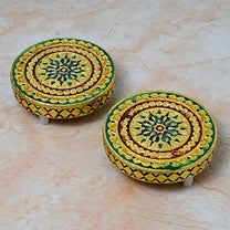 Wooden Golden Foil Meenakari Round Chowki Top View 2