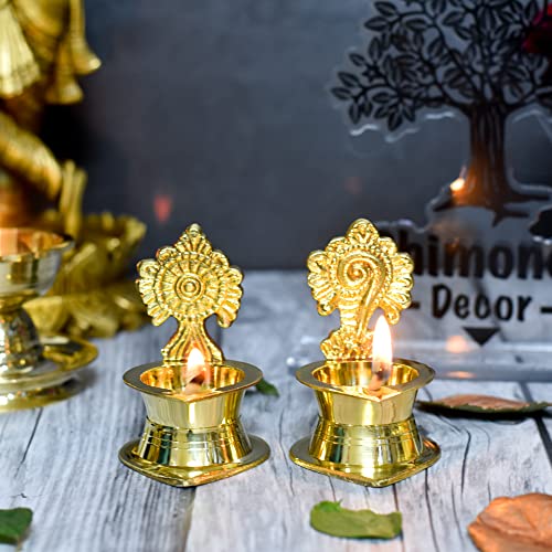 Bhimonee Decor Pure Brass Shanku Chakra Kamakshi Diya, 3 inches, Brass Colour, Pack of 1 Pair