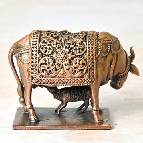 2 inches, Handmade Copper Cow and Calf | Kamadenu | Hasu Karu Idol, 360 Grams , Patina Antique Finish , Pack of 1 Piece