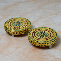 Wooden Golden Foil Meenakari Round Chowki  side view 2