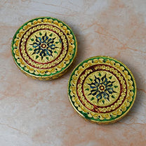 Wooden Golden Foil Meenakari Round Chowki Top View 3