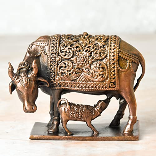 2.5 inches, Handmade Copper Cow and Calf | Kamadenu | Hasu Karu Idol, 650 Grams , Patina Antique Finish , Pack of 1 Piece