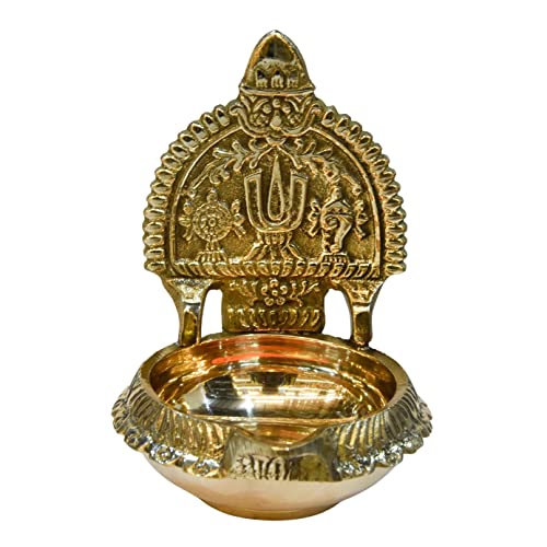 Pure Brass Shanku Chakra Kuber Kamakshi Deep, Deepak, Diya for Pooja Purposes, 3.65 inches , 110 gm Approx.