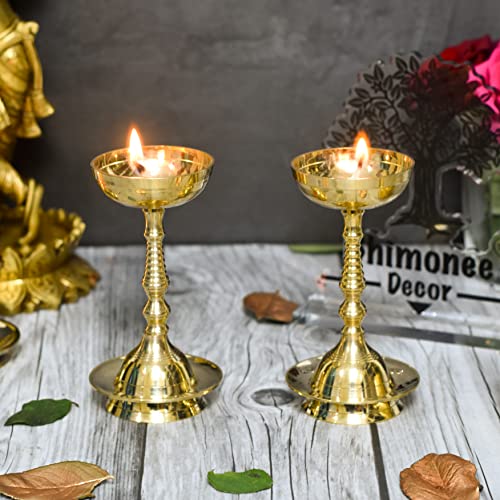 Pure Brass Plain Nanda Bowl Long Table Diya, 5.5 inches, Pack of 2 pcs (with Lavanga - 2pc)