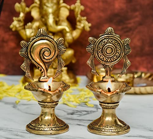Pure Brass Shanku Chakra Long Table Diya, 6 inches Big Size, Brass, Pack of 1 Pair