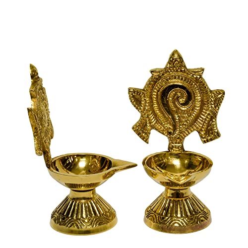 Pure Brass Shanku Chakra Diya, 4.3 inches, Gold Polish, Pack of 1 Pair